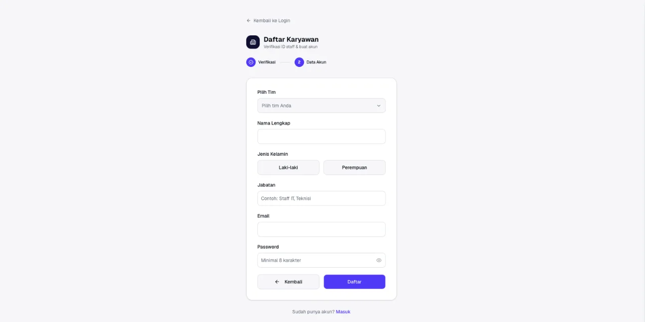 Staff registration step 2: account details form