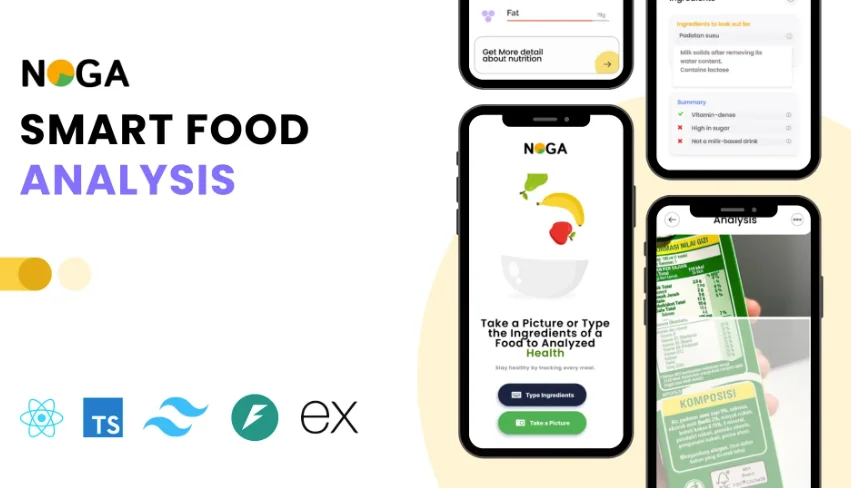 NOGA app screens: a home screen with a fruit bowl, an ingredient analysis summary, and a scanned nutrition label