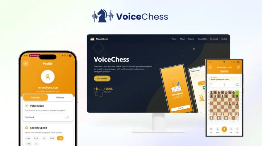 VoiceChess on a desktop website and two phones, showing a chess game and voice settings